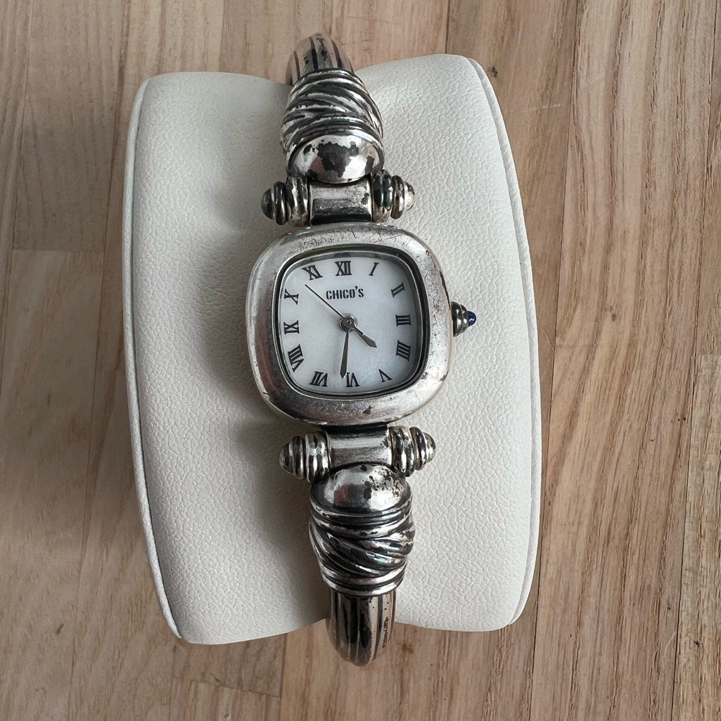 Chico’s Ladies Watch Stainless Hinged Cuff Bracelet Square Pearl Dial